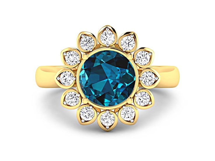 London Blue Topaz and White Diamond Halo 14K Yellow Gold Flower Ring