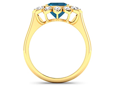 London Blue Topaz and White Diamond Halo 14K Yellow Gold Flower Ring