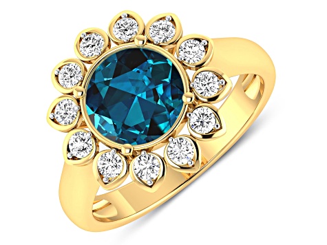 London Blue Topaz and White Diamond Halo 14K Yellow Gold Flower Ring