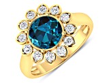 London Blue Topaz and White Diamond Halo 14K Yellow Gold Flower Ring
