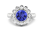Puple Tanzanite and White Diamond Halo 14K White Gold Flower Ring