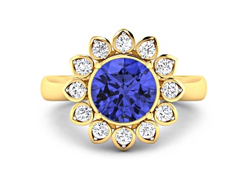 Picture of Tanzanite and White Diamond Halo 14K Yellow Gold Flower Ring