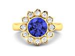Tanzanite and White Diamond Halo 14K Yellow Gold Flower Ring