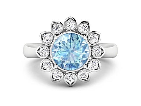 Blue Aquamarine and White Diamond Halo 14K White Gold Flower Ring