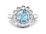 Blue Aquamarine and White Diamond Halo 14K White Gold Flower Ring