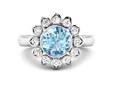Blue Aquamarine and White Diamond Halo 14K White Gold Flower Ring