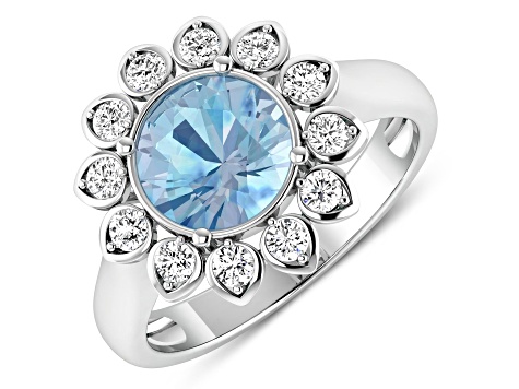 Blue Aquamarine and White Diamond Halo 14K White Gold Flower Ring