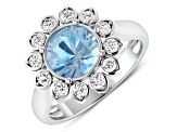 Blue Aquamarine and White Diamond Halo 14K White Gold Flower Ring