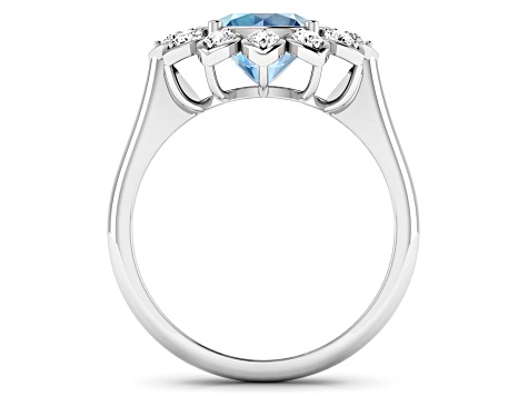 Blue Aquamarine and White Diamond Halo 14K White Gold Flower Ring