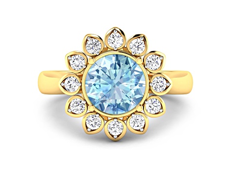 Blue Aquamarine and White Diamond Halo 14K Yellow Gold Flower Ring