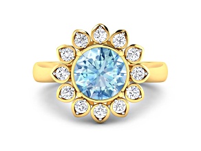 Blue Aquamarine and White Diamond Halo 14K Yellow Gold Flower Ring