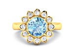 Blue Aquamarine and White Diamond Halo 14K Yellow Gold Flower Ring