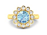 Blue Aquamarine and White Diamond Halo 14K Yellow Gold Flower Ring