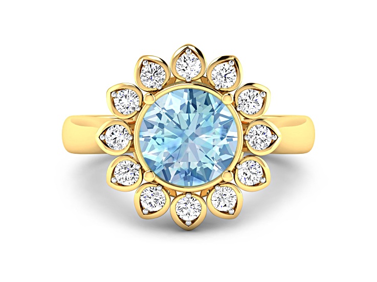 Blue Aquamarine and White Diamond Halo 14K Yellow Gold Flower Ring