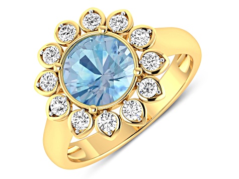 Blue Aquamarine and White Diamond Halo 14K Yellow Gold Flower Ring