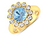 Blue Aquamarine and White Diamond Halo 14K Yellow Gold Flower Ring