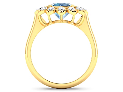 Blue Aquamarine and White Diamond Halo 14K Yellow Gold Flower Ring