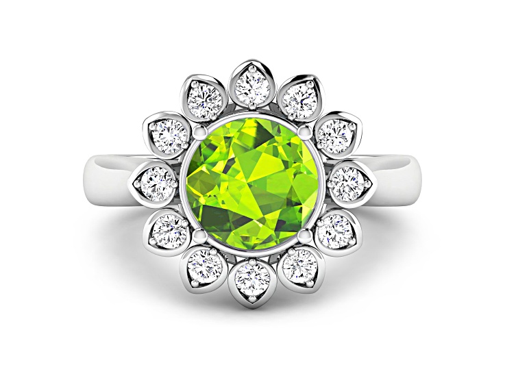 Green Peridot and White Diamond Halo 14K White Gold Flower Ring
