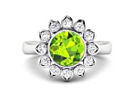 Green Peridot and White Diamond Halo 14K White Gold Flower Ring