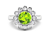 Green Peridot and White Diamond Halo 14K White Gold Flower Ring