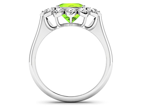 Green Peridot and White Diamond Halo 14K White Gold Flower Ring
