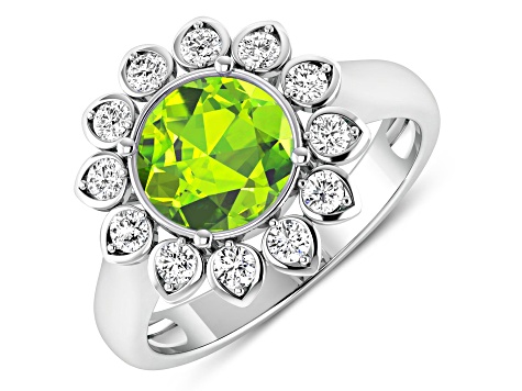 Green Peridot and White Diamond Halo 14K White Gold Flower Ring