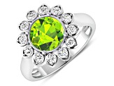 Green Peridot and White Diamond Halo 14K White Gold Flower Ring