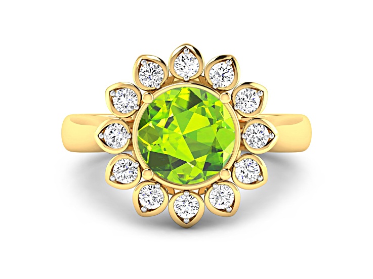 Green Peridot and White Diamond  Halo 14K Yellow Gold Flower Ring