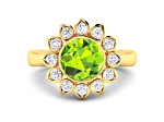 Green Peridot and White Diamond  Halo 14K Yellow Gold Flower Ring