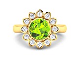 Green Peridot and White Diamond  Halo 14K Yellow Gold Flower Ring