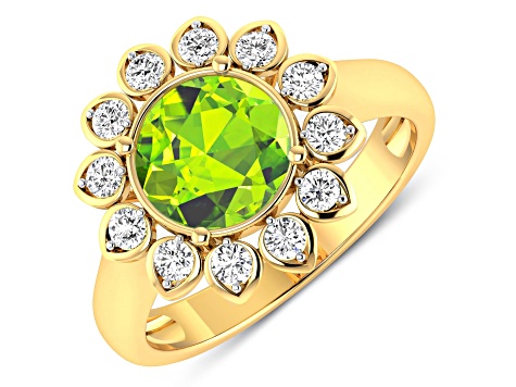 Green Peridot and White Diamond  Halo 14K Yellow Gold Flower Ring