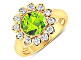 Green Peridot and White Diamond  Halo 14K Yellow Gold Flower Ring