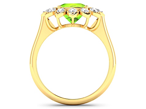 Green Peridot and White Diamond  Halo 14K Yellow Gold Flower Ring
