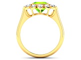 Green Peridot and White Diamond  Halo 14K Yellow Gold Flower Ring