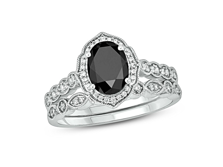 Oval Black Sapphire and Round White Diamond 10K White Gold Vintage Style Bridal Set 1.20ctw