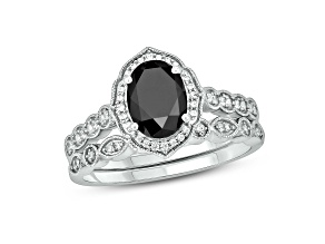 Oval Black Sapphire and Round White Diamond 10K White Gold Vintage Style Bridal Set 1.20ctw