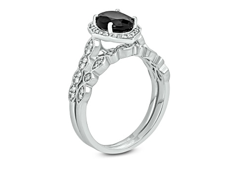 Oval Black Sapphire and Round White Diamond 10K White Gold Vintage Style Bridal Set 1.20ctw