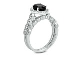 Oval Black Sapphire and Round White Diamond 10K White Gold Vintage Style Bridal Set 1.20ctw