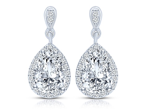 Clear Pear Round Cubic Zirconia, Rhodium Plated over Brass Halo Teardrop Earrings