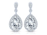 Clear Pear Round Cubic Zirconia, Rhodium Plated over Brass Halo Teardrop Earrings