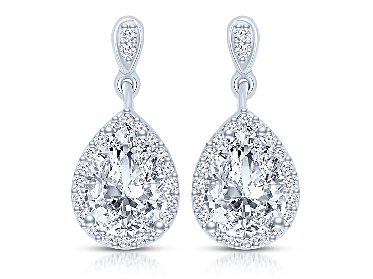Clear Pear Round Cubic Zirconia, Rhodium Plated over Brass Halo Teardrop Earrings