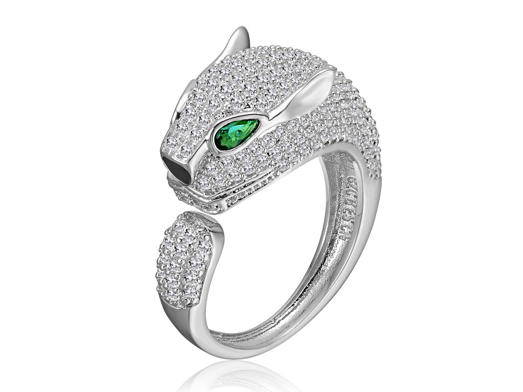 Emerald Green & Clear Cubic Zirconia, Rhodium Plated over Brass Panther Head Open Design Ring