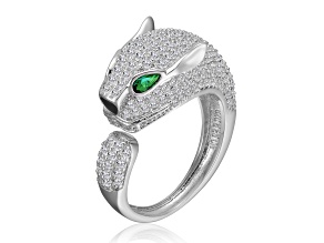 Emerald Green & Clear Cubic Zirconia, Rhodium Plated over Brass Panther Head Open Design Ring