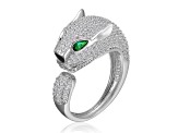 Emerald Green & Clear Cubic Zirconia, Rhodium Plated over Brass Panther Head Open Design Ring
