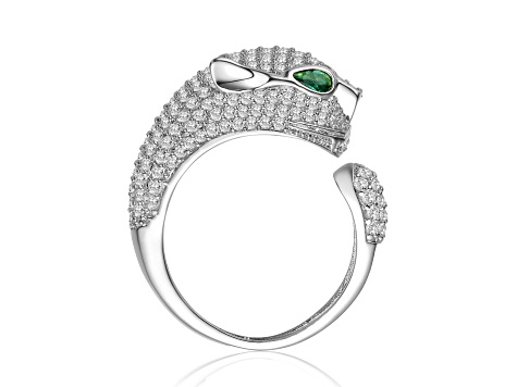 Emerald Green & Clear Cubic Zirconia, Rhodium Plated over Brass Panther Head Open Design Ring