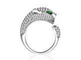 Emerald Green & Clear Cubic Zirconia, Rhodium Plated over Brass Panther Head Open Design Ring