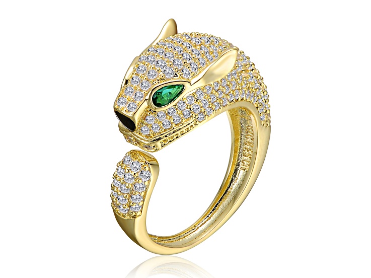 Emerald Green & Clear Cubic Zirconia, 14K Gold Plated over Brass Panther Head Open Design Ring