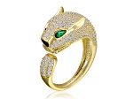 Emerald Green & Clear Cubic Zirconia, 14K Gold Plated over Brass Panther Head Open Design Ring