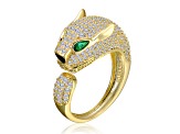 Emerald Green & Clear Cubic Zirconia, 14K Gold Plated over Brass Panther Head Open Design Ring