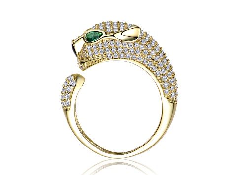 Emerald Green & Clear Cubic Zirconia, 14K Gold Plated over Brass Panther Head Open Design Ring